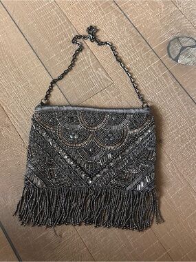 Chico's Beaded Fringe Evening Clutch - Metallic Gray